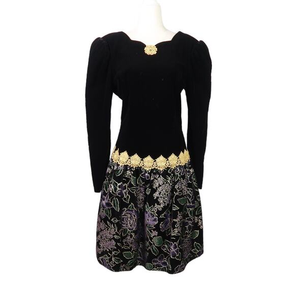 Vintage 80s Scott McClintock black velvet drop waist cocktail dress 12